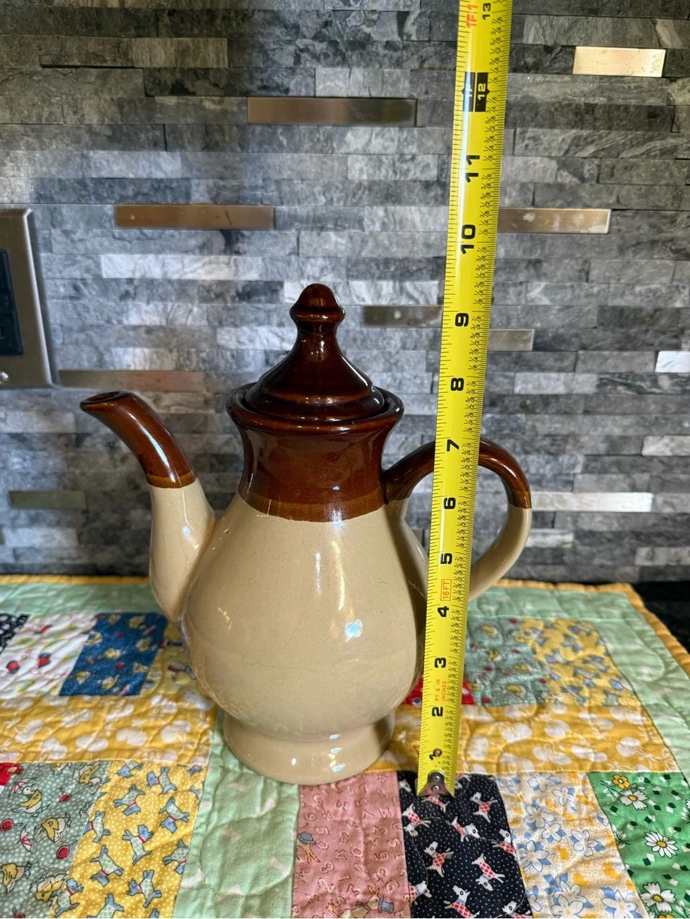 Vintage Two-Tone Stonewear Teapot in Brown and Beige